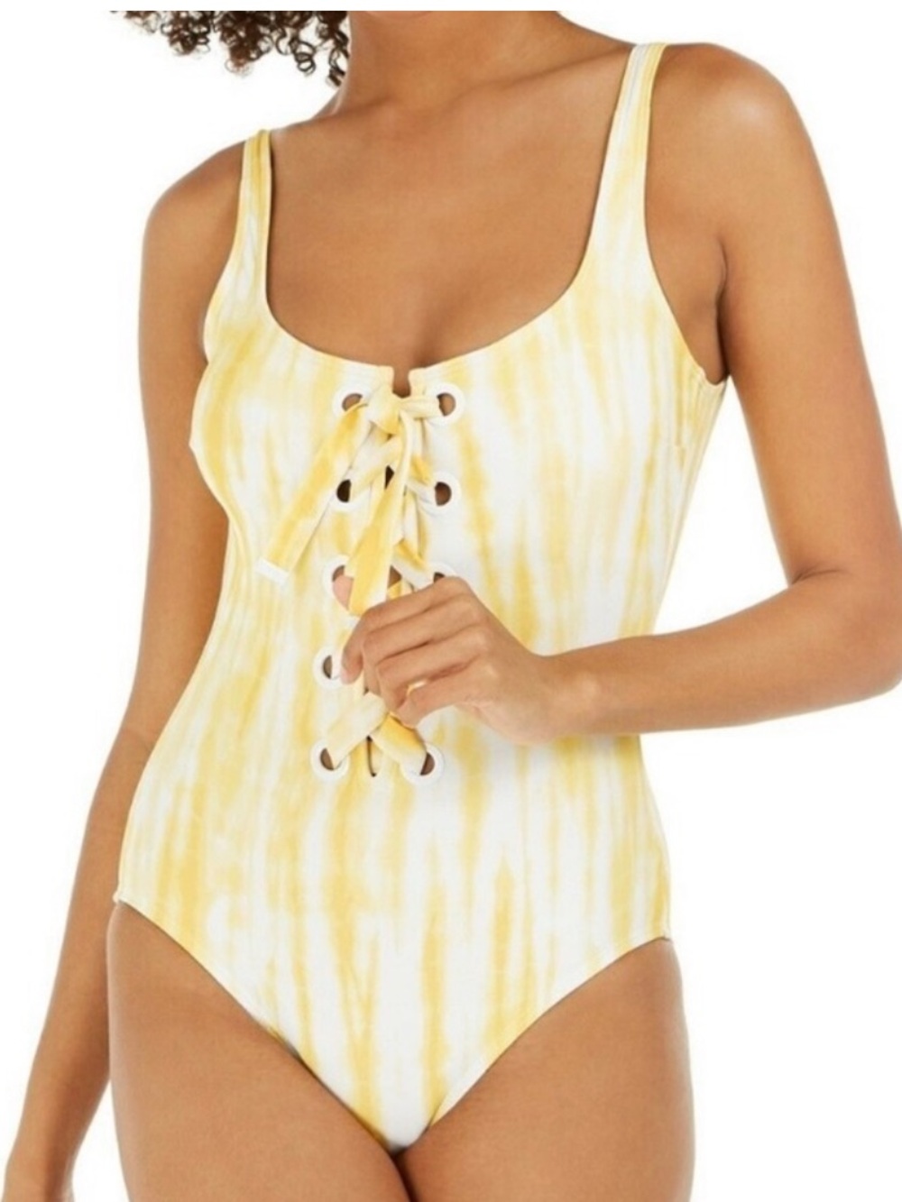 MICHAEL Michael Kors Yellow Tie-Dye Lace-Up Low Back One-Piece Swimsuit
